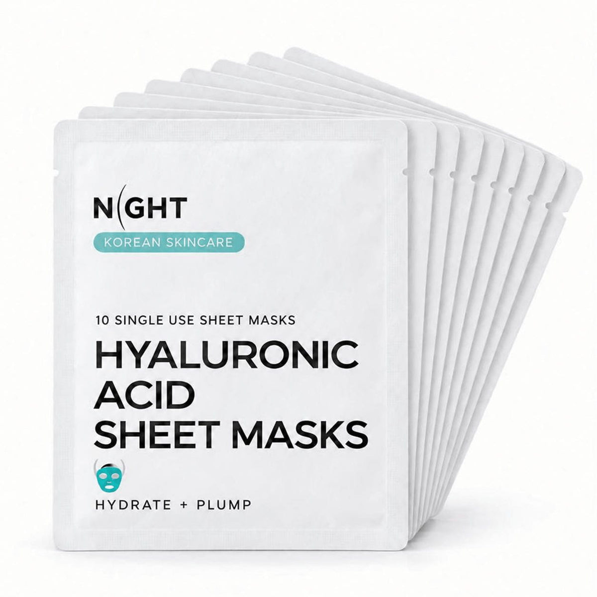 NIGHT Hyaluronic Acid Sheet Masks, 10-pack packaging labeled 10 single use sheet masks.