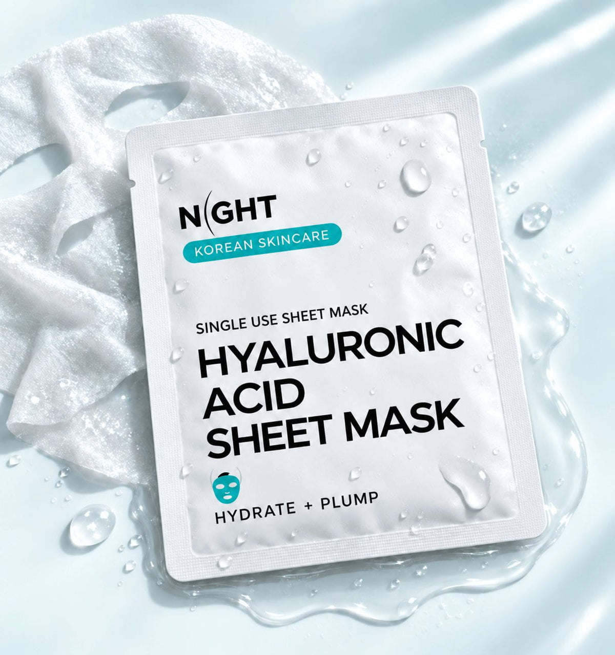 NIGHT Hyaluronic Acid Sheet Mask single-use pouch and serum-soaked fabric, highlighting extra serum.