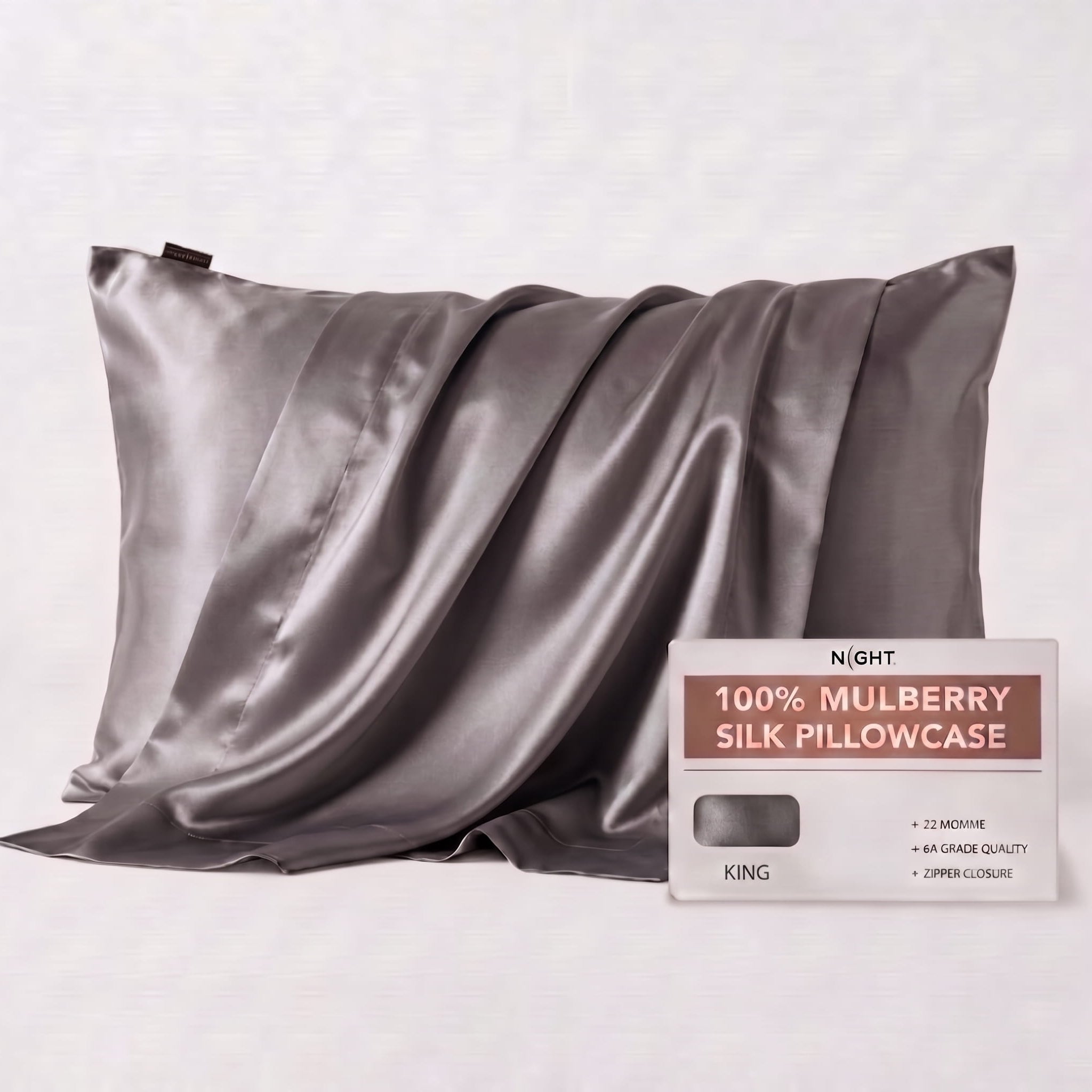 NIGHT PC Silk King / Gunmetal Silk Pillowcase, 100% Silk, Zipper