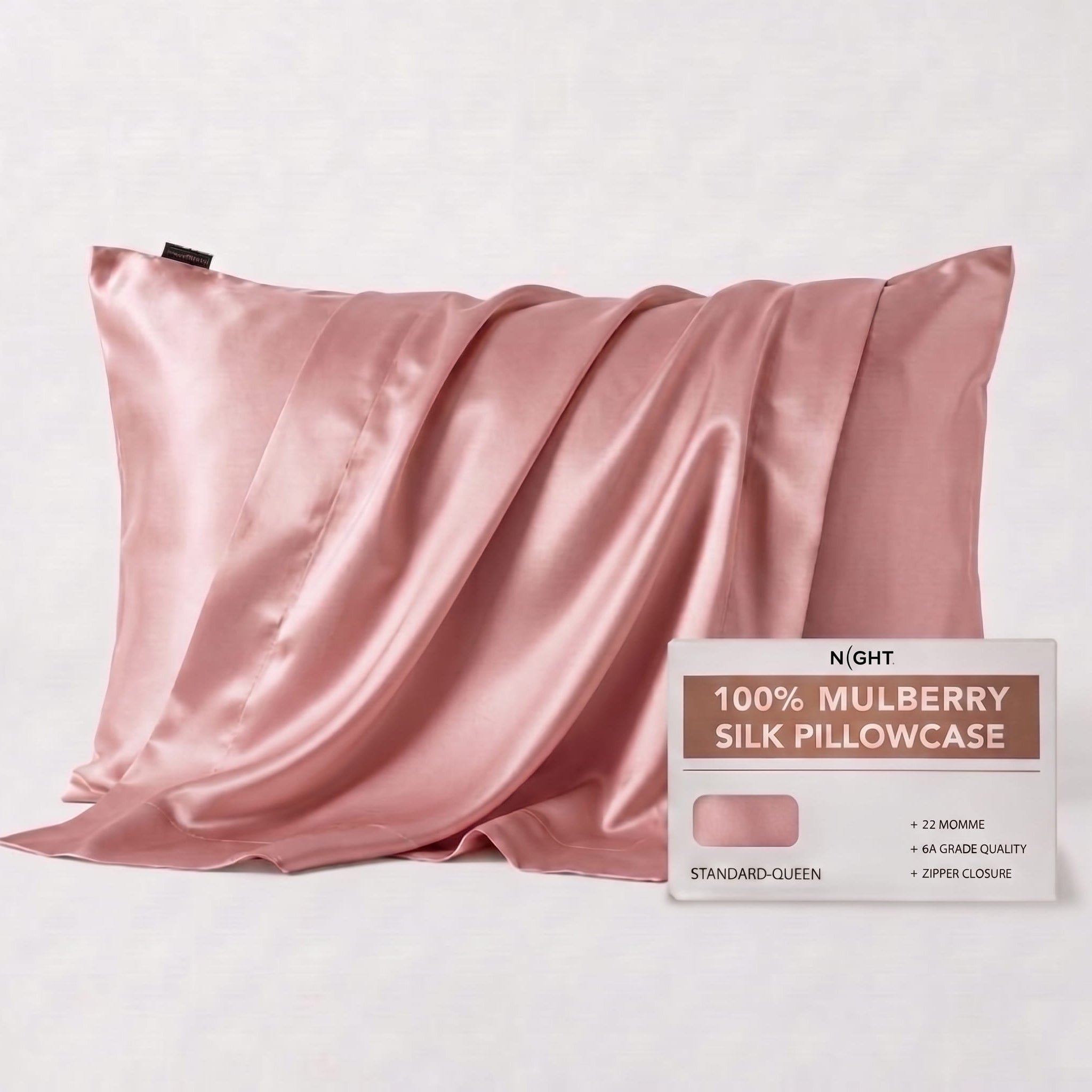 NIGHT PC Silk Std/Qn / Blush Silk Pillowcase, 100% Silk, Zipper