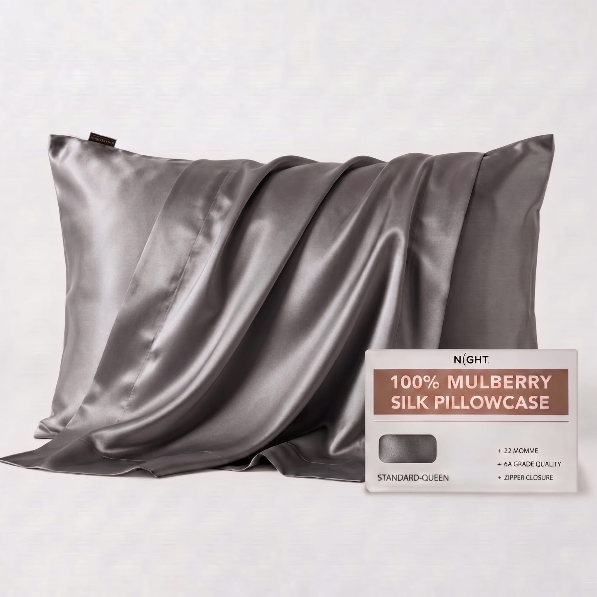 NIGHT PC Silk Std/Qn / Gunmetal Silk Pillowcase, 100% Silk, Zipper