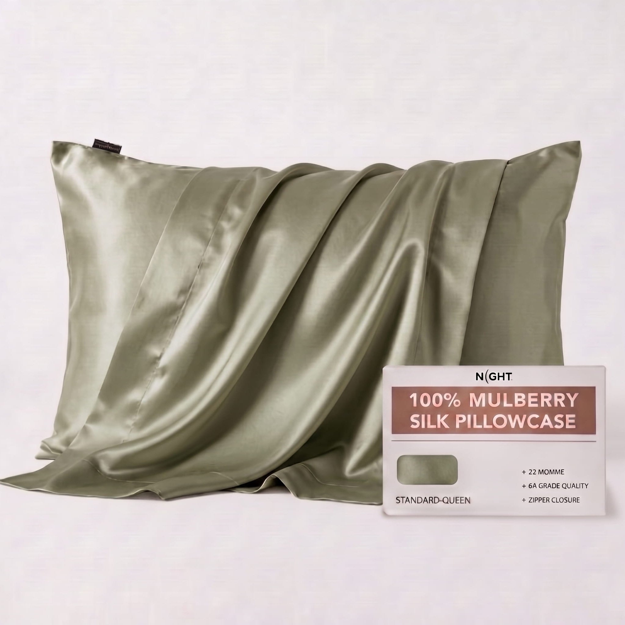NIGHT PC Silk Std/Qn / Sage Silk Pillowcase, 100% Silk, Zipper