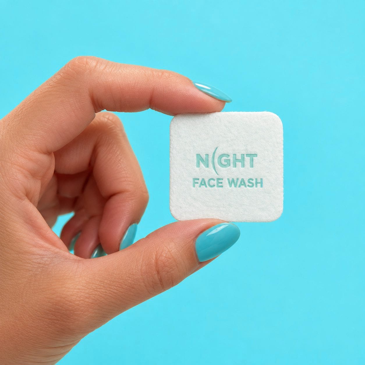Hand holding a NIGHT face wash square against a turquoise background.