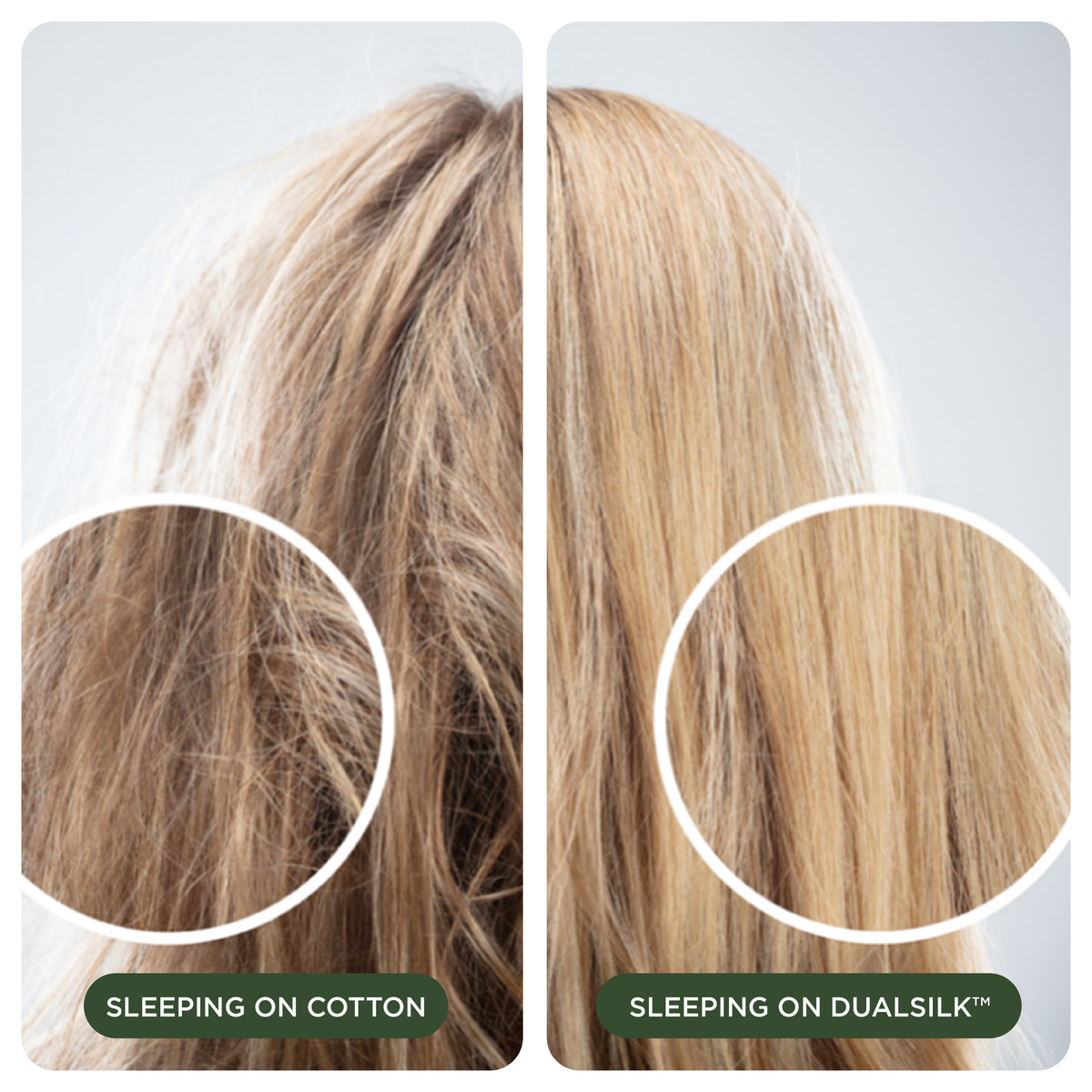 Hair comparison after sleeping on cotton and DualSilk