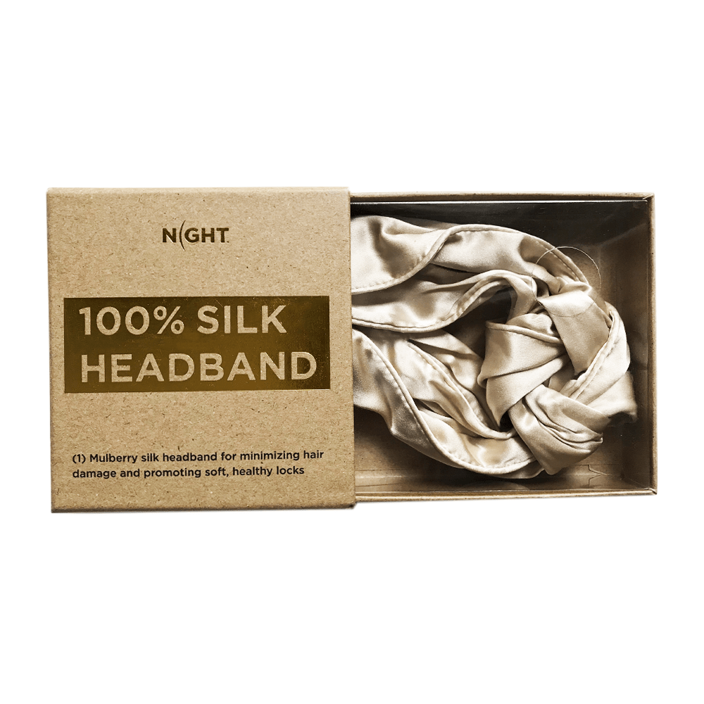 Champagne colored silk headband in packaging