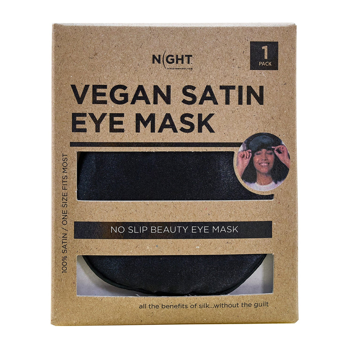 One black satin sleep mask in its NIGHT gift packaging