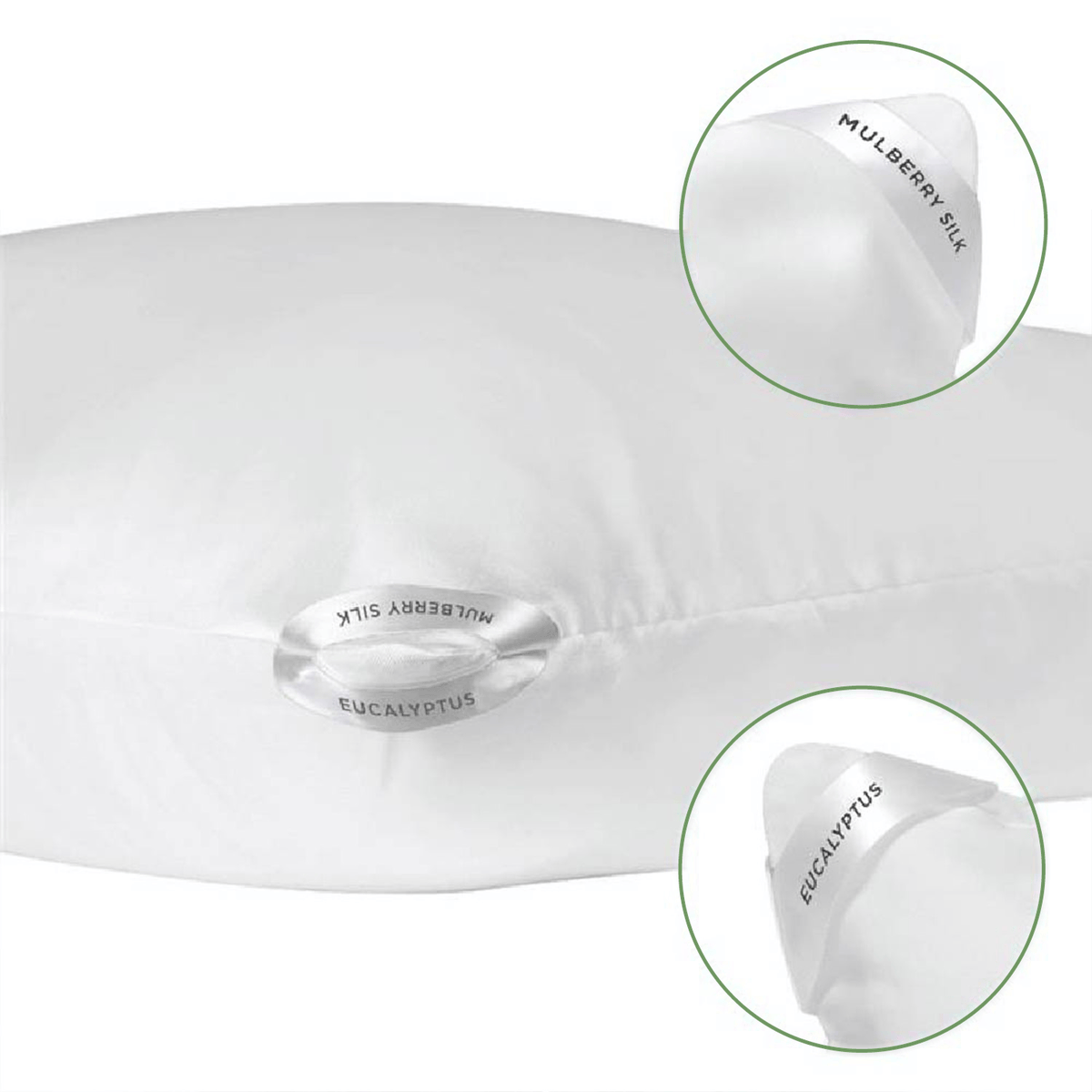 White DualSilk pillowcase with green circles highlighting the mulberry silk and eucalyptus fabric tags