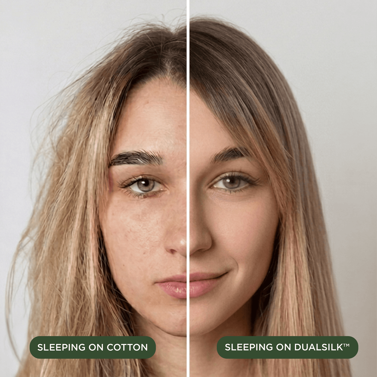 NIGHT comparison showing a woman's face and hair after sleeping on cotton on the left and DualSilk on the right