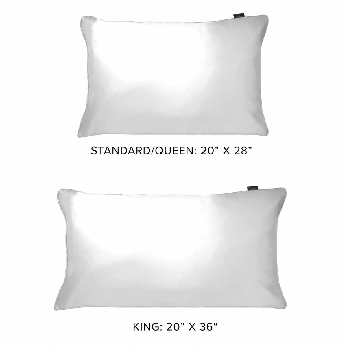 white silk pillowcase sizes: Standard/Queen 20 x 28 inches; King 20 x 36 inches.