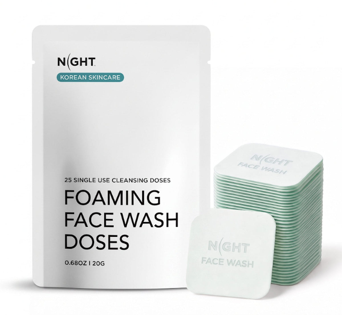 NIGHT Korean Skincare Foaming Face Wash Doses, 25 single-use cleansing doses, pouch with stacked doses