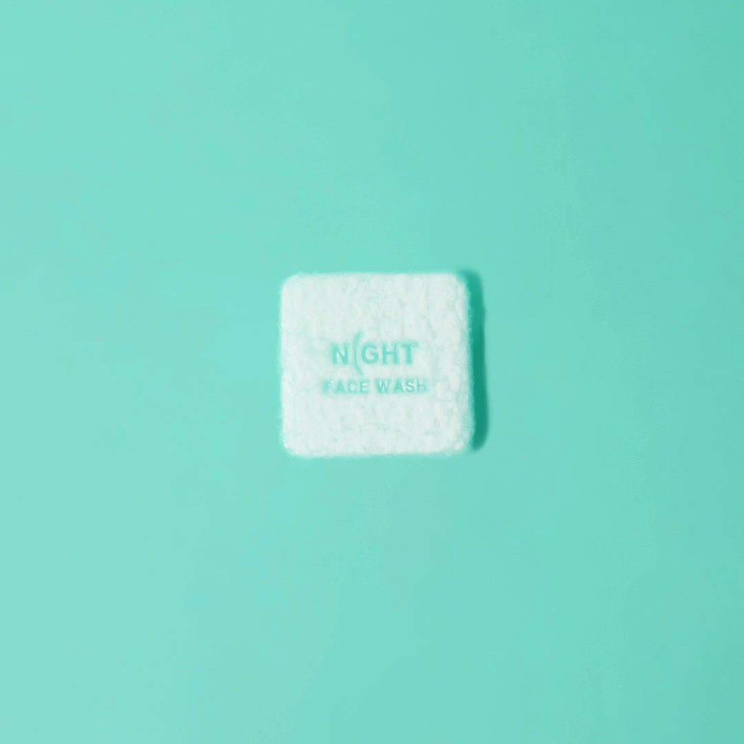 NIGHT face wash square on aqua; play the dissolving demonstration.