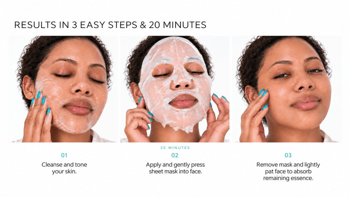 How to use NIGHT Hyaluronic Acid Sheet Mask: cleanse and tone, apply the mask for 20 minutes, then remove and gently pat in remaining serum.