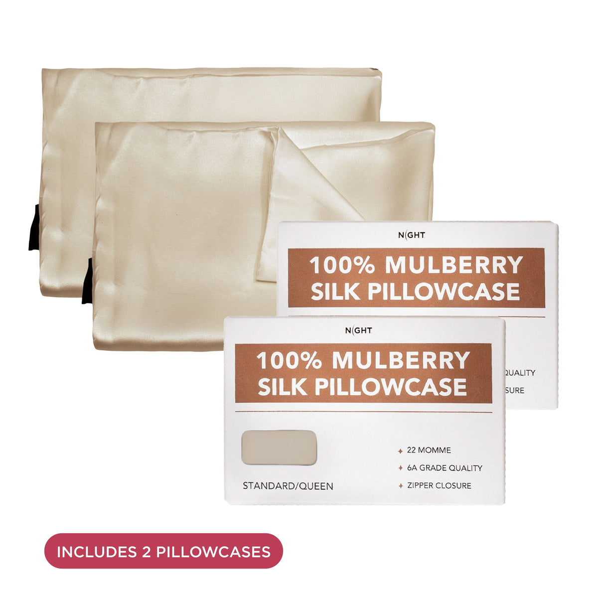 NIGHT PC Silk 100% Mulberry Silk Pillowcase, 2 Pack