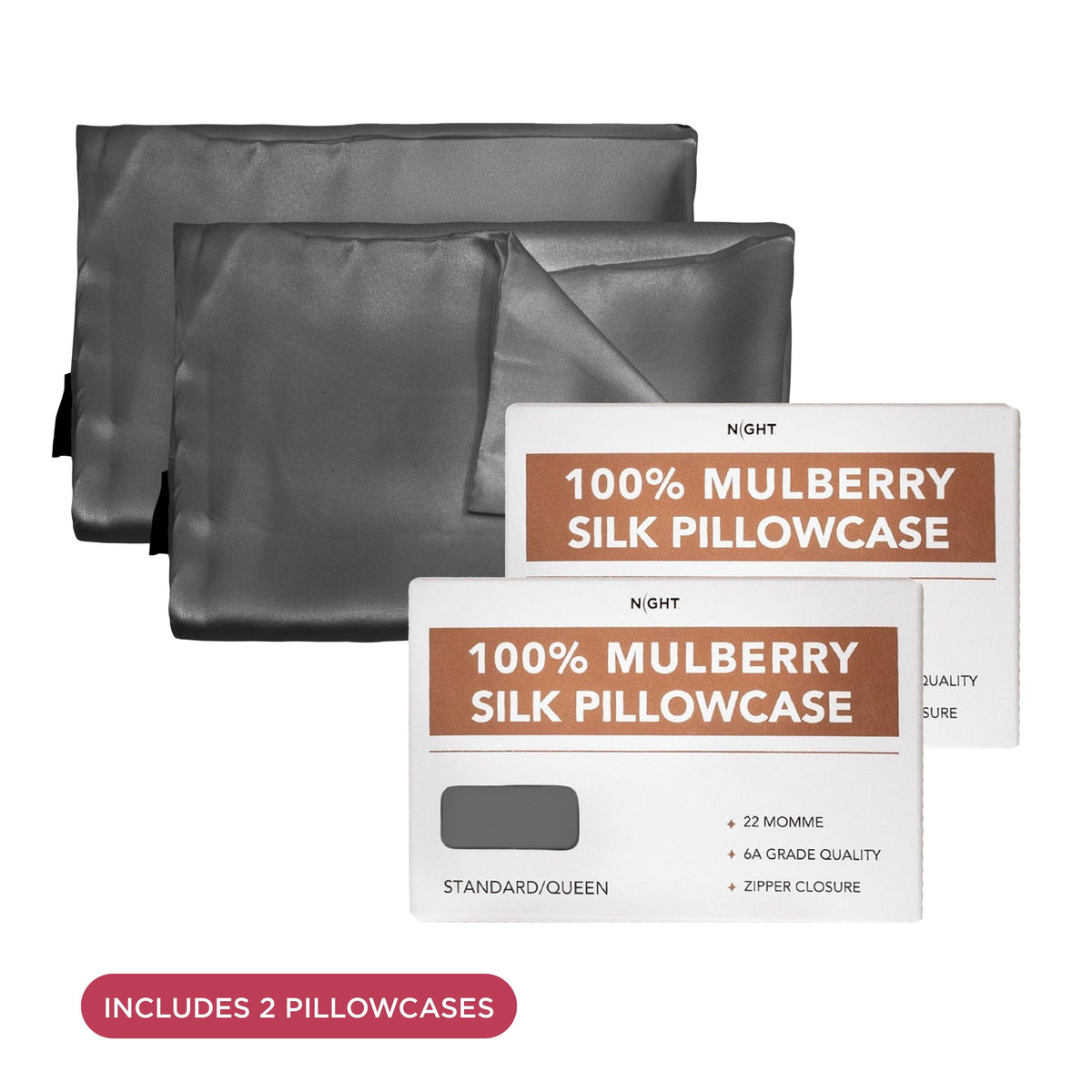 NIGHT PC Silk 100% Mulberry Silk Pillowcase, 2 Pack