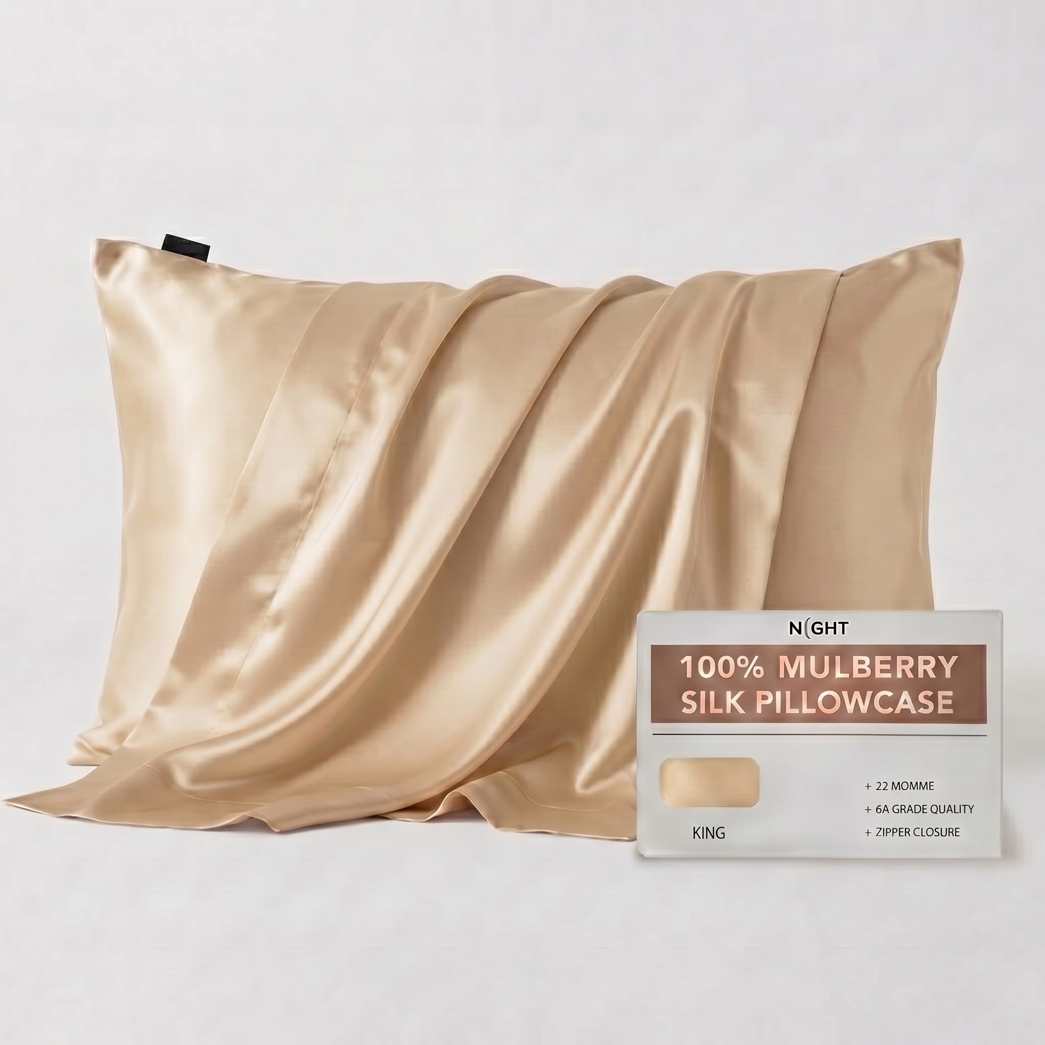 NIGHT PC Silk King / Champagne Silk Pillowcase, 100% Silk, Zipper