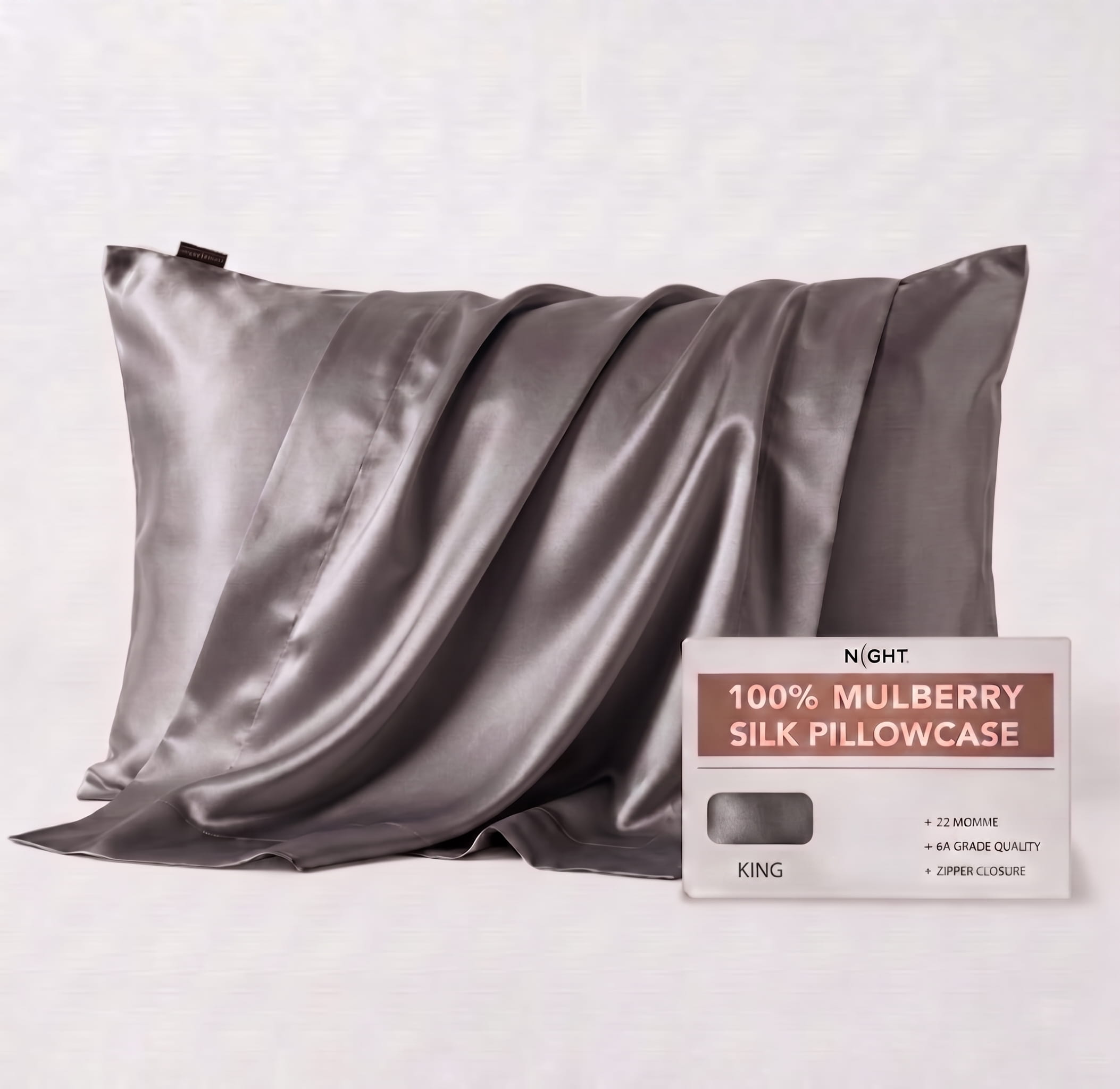 NIGHT PC Silk King / Gunmetal Silk Pillowcase, 100% Silk, Zipper