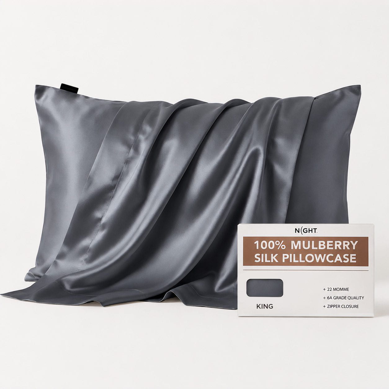 NIGHT PC Silk King / Gunmetal Silk Pillowcase, 100% Silk, Zipper