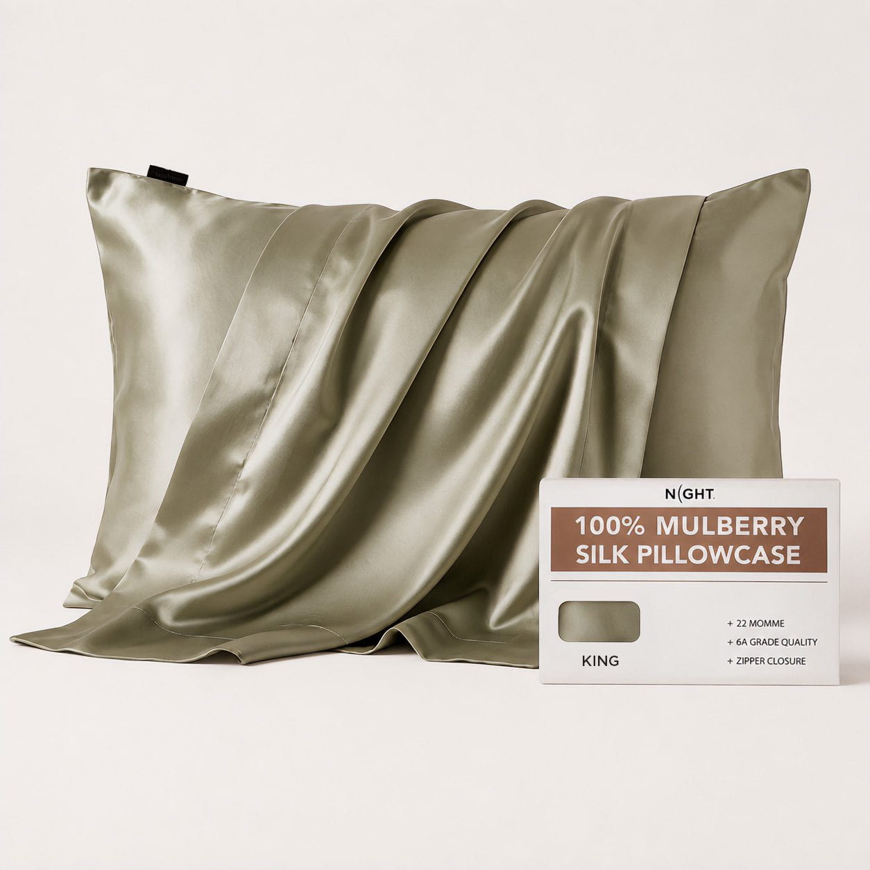 NIGHT PC Silk King / Sage Silk Pillowcase, 100% Silk, Zipper