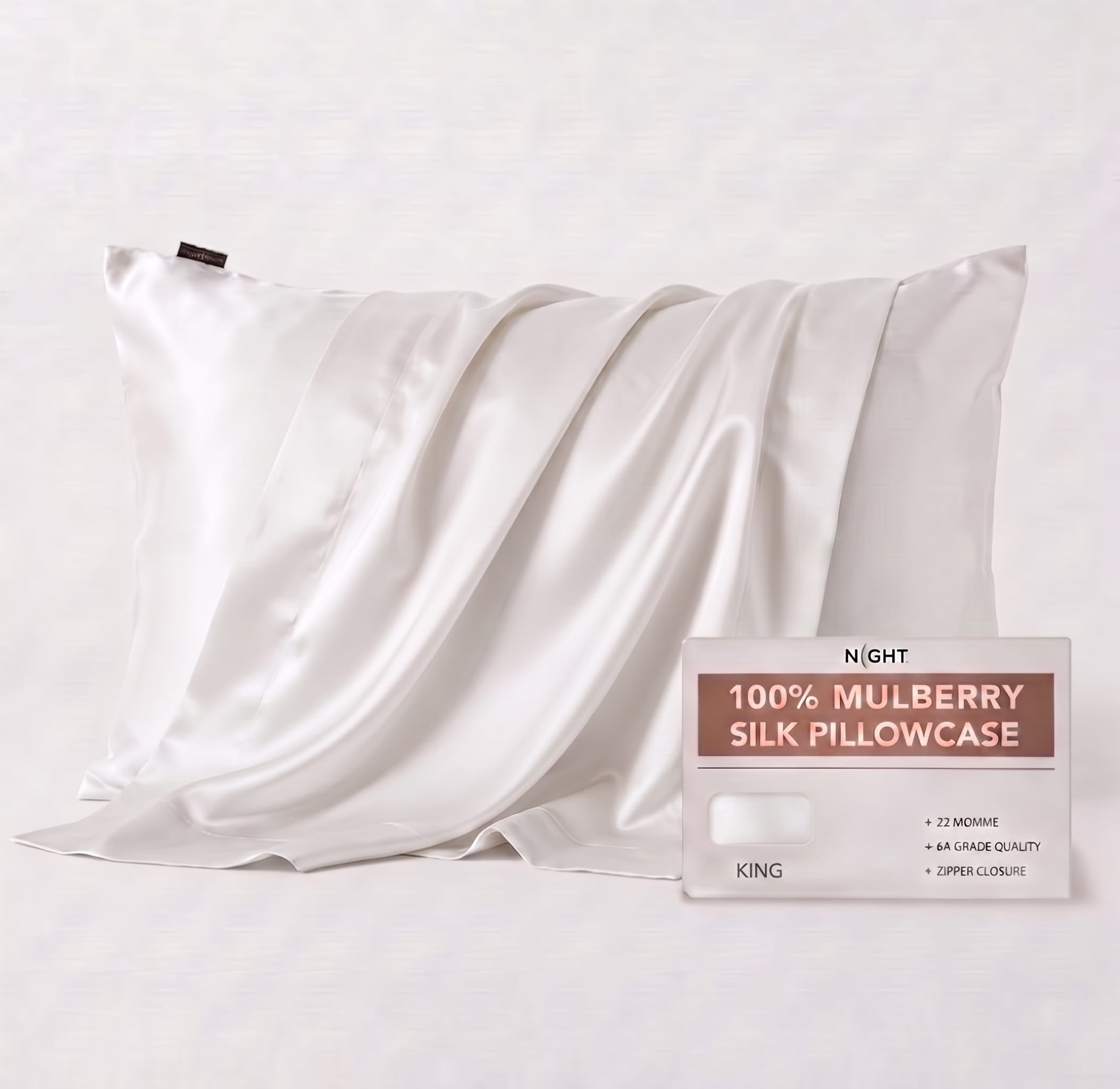 NIGHT PC Silk King / White Silk Pillowcase, 100% Silk, Zipper