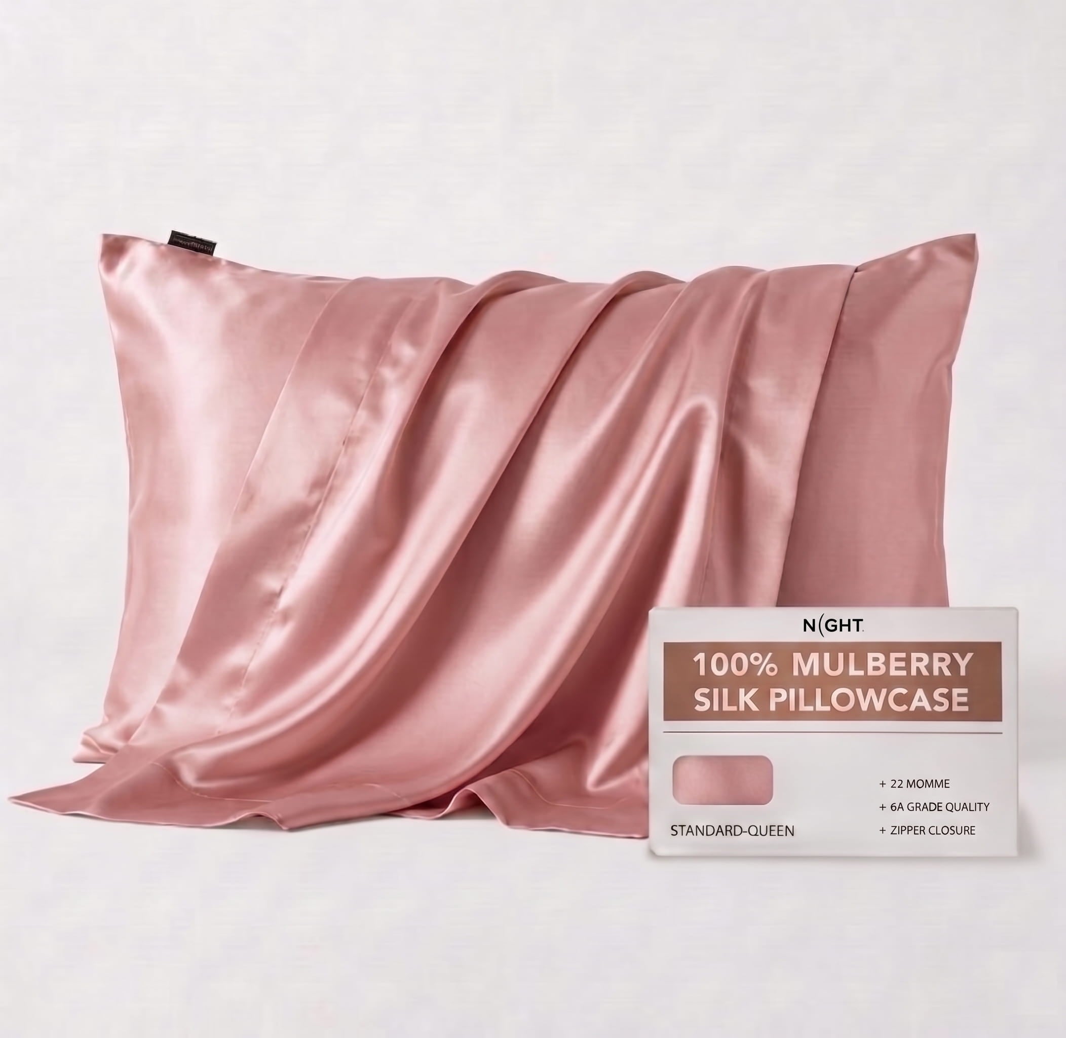 NIGHT PC Silk Std/Qn / Blush Silk Pillowcase, 100% Silk, Zipper