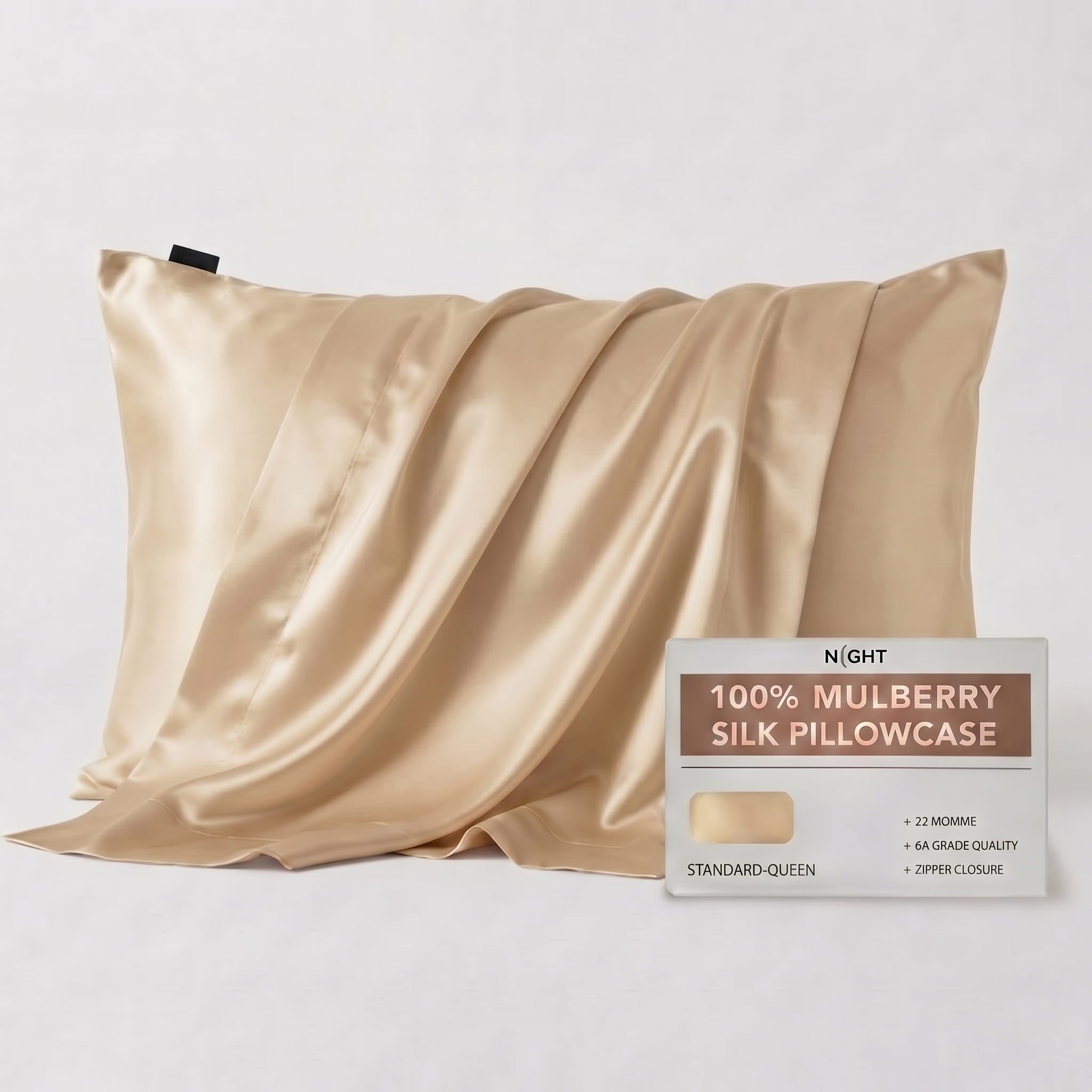 NIGHT PC Silk Std/Qn / Champagne Silk Pillowcase, 100% Silk, Zipper