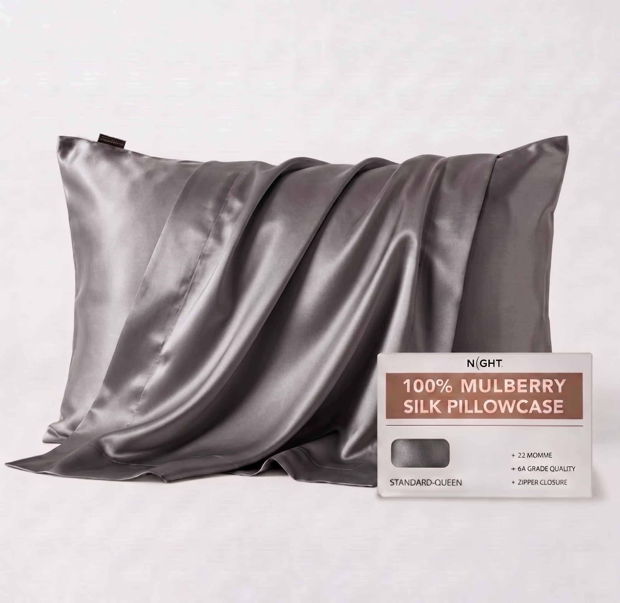 NIGHT PC Silk Std/Qn / Gunmetal Silk Pillowcase, 100% Silk, Zipper