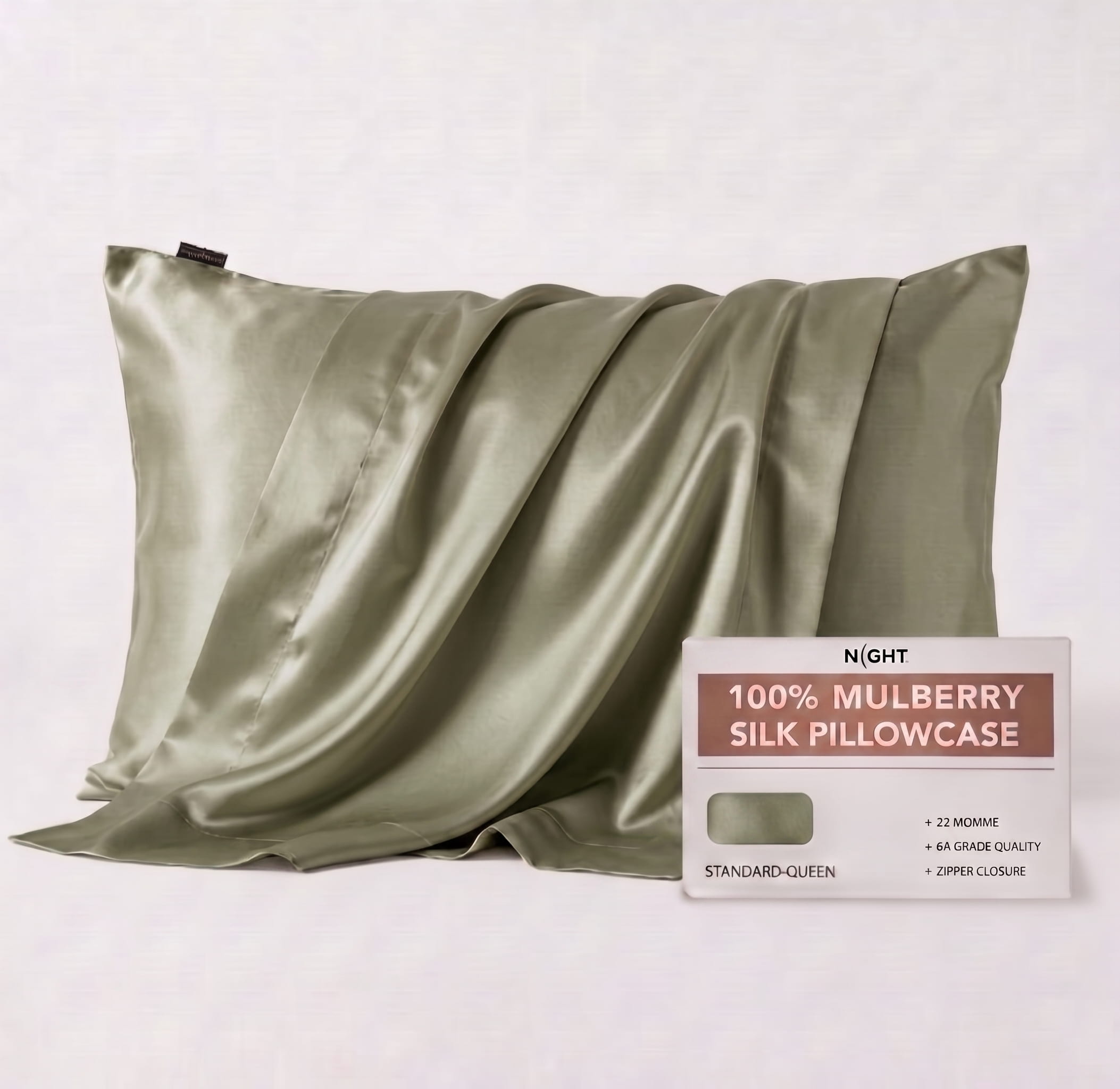 NIGHT PC Silk Std/Qn / Sage Silk Pillowcase, 100% Silk, Zipper