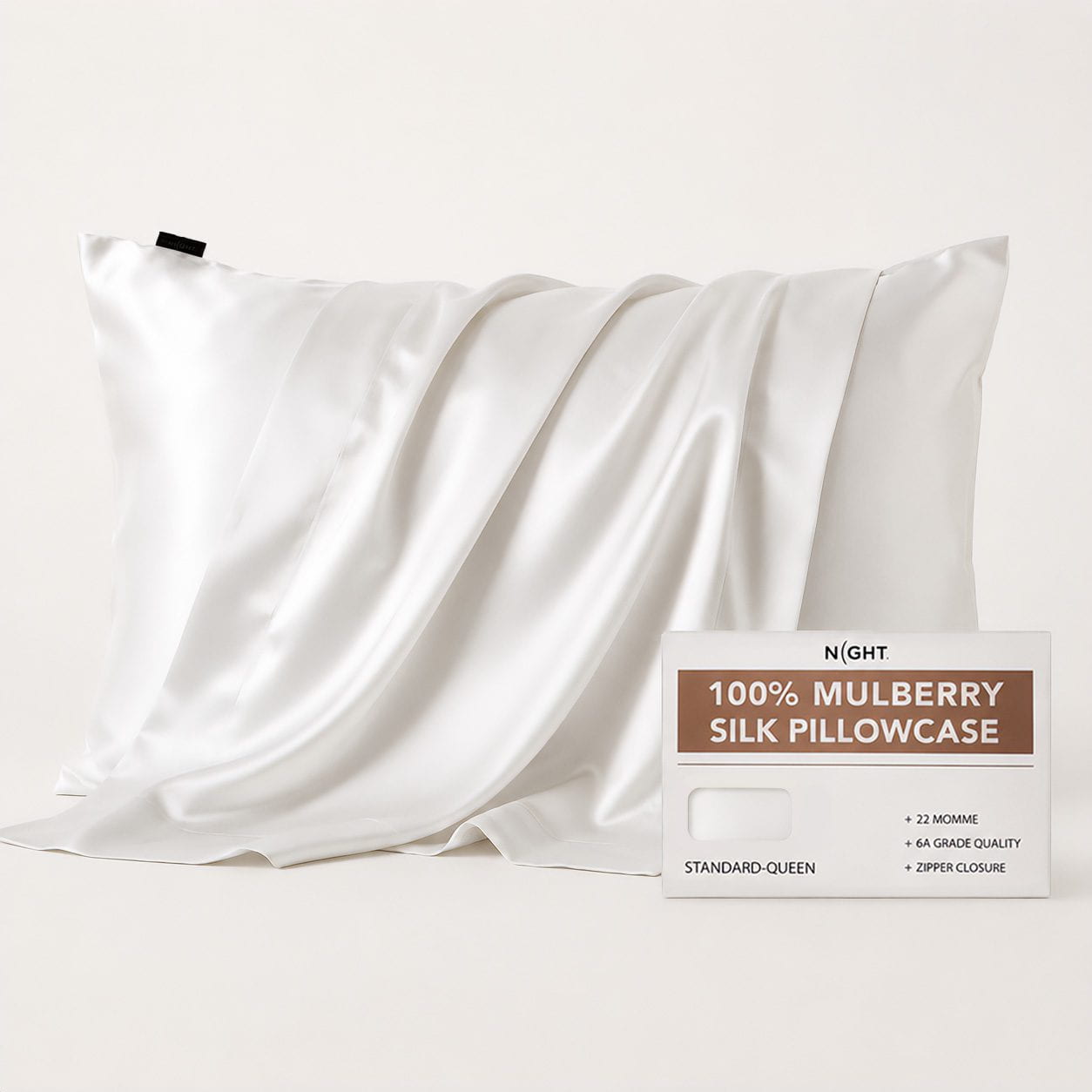 NIGHT PC Silk Std/Qn / White Silk Pillowcase, 100% Silk, Zipper