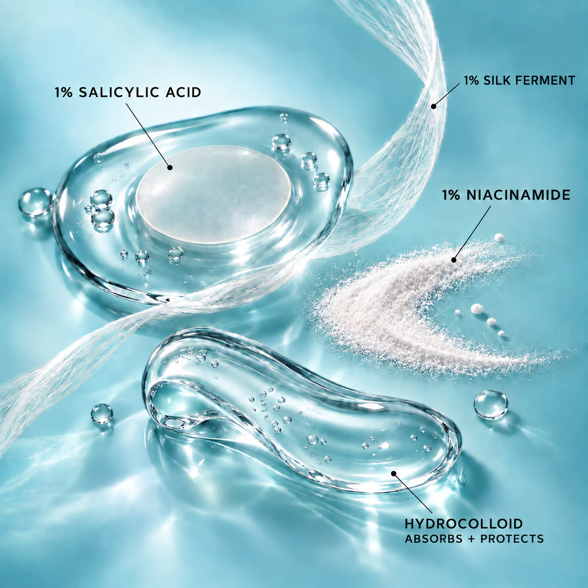 NIGHT Everyday Pimple Patch key ingredients: 1% salicylic acid, 1% silk ferment, 1% niacinamide, and hydrocolloid.