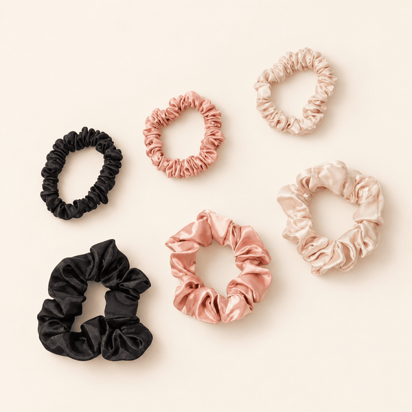 Skinny and Classic satin scrunchies in three colors on an ivory background