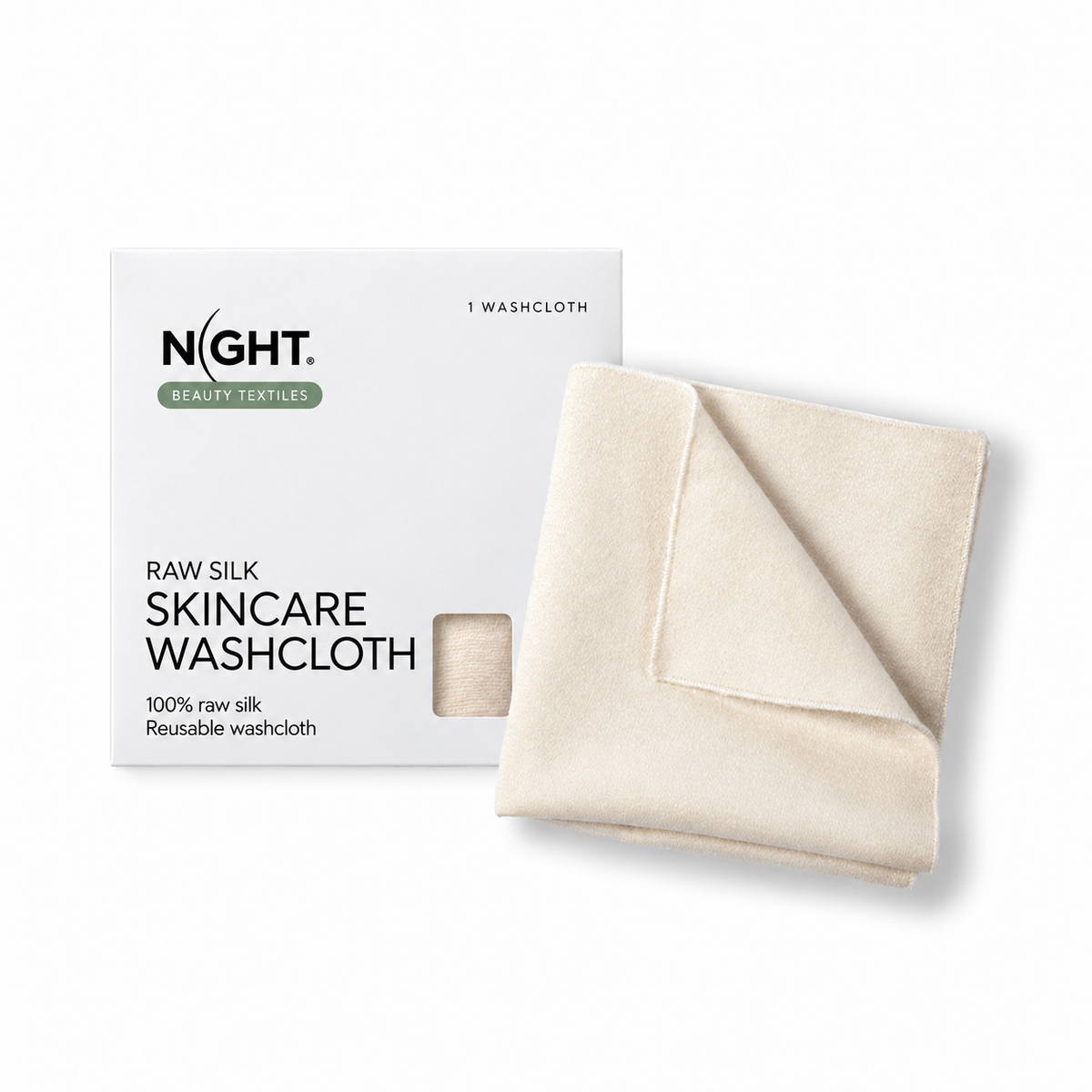 NIGHT raw silk skincare washcloth with pearl white single pack packaging and green Beauty Textiles label