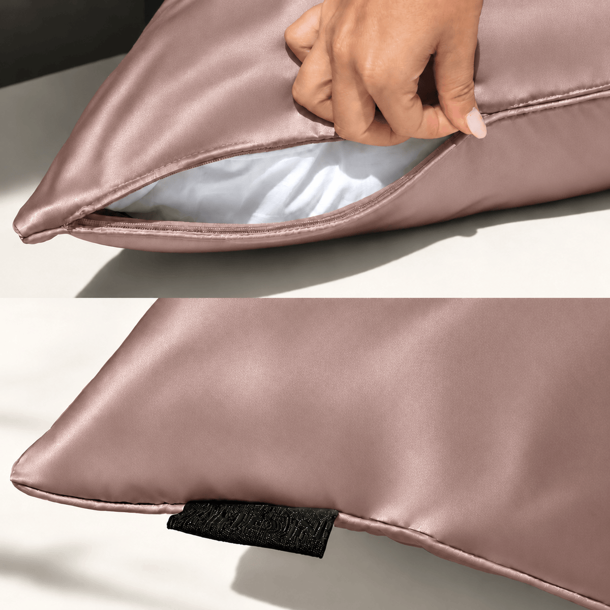 Blush NIGHT silk pillowcase showing its hidden zipper, piping and woven label.