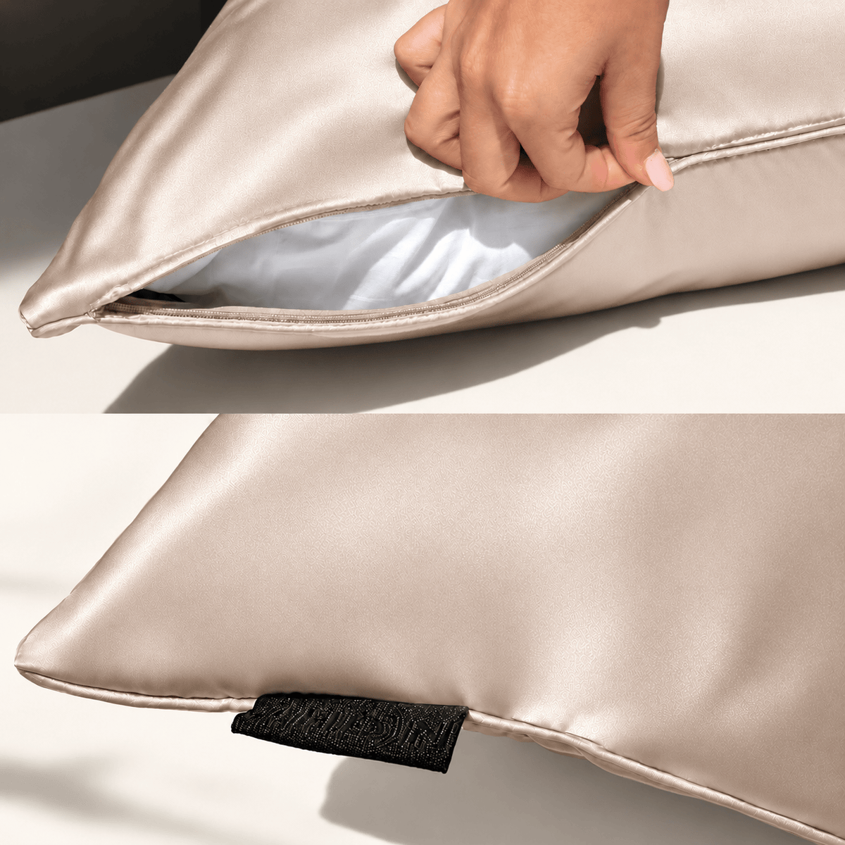 Champagne NIGHT silk pillowcase showing its hidden zipper, piping and woven label.