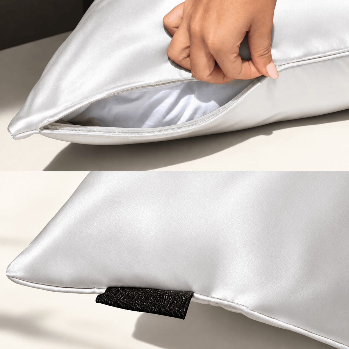 White NIGHT silk pillowcase showing its hidden zipper, piping and woven label.