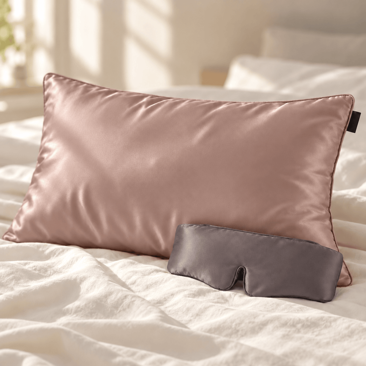 Blush pillowcase + gunmetal eye mask. Pillow insert not included.