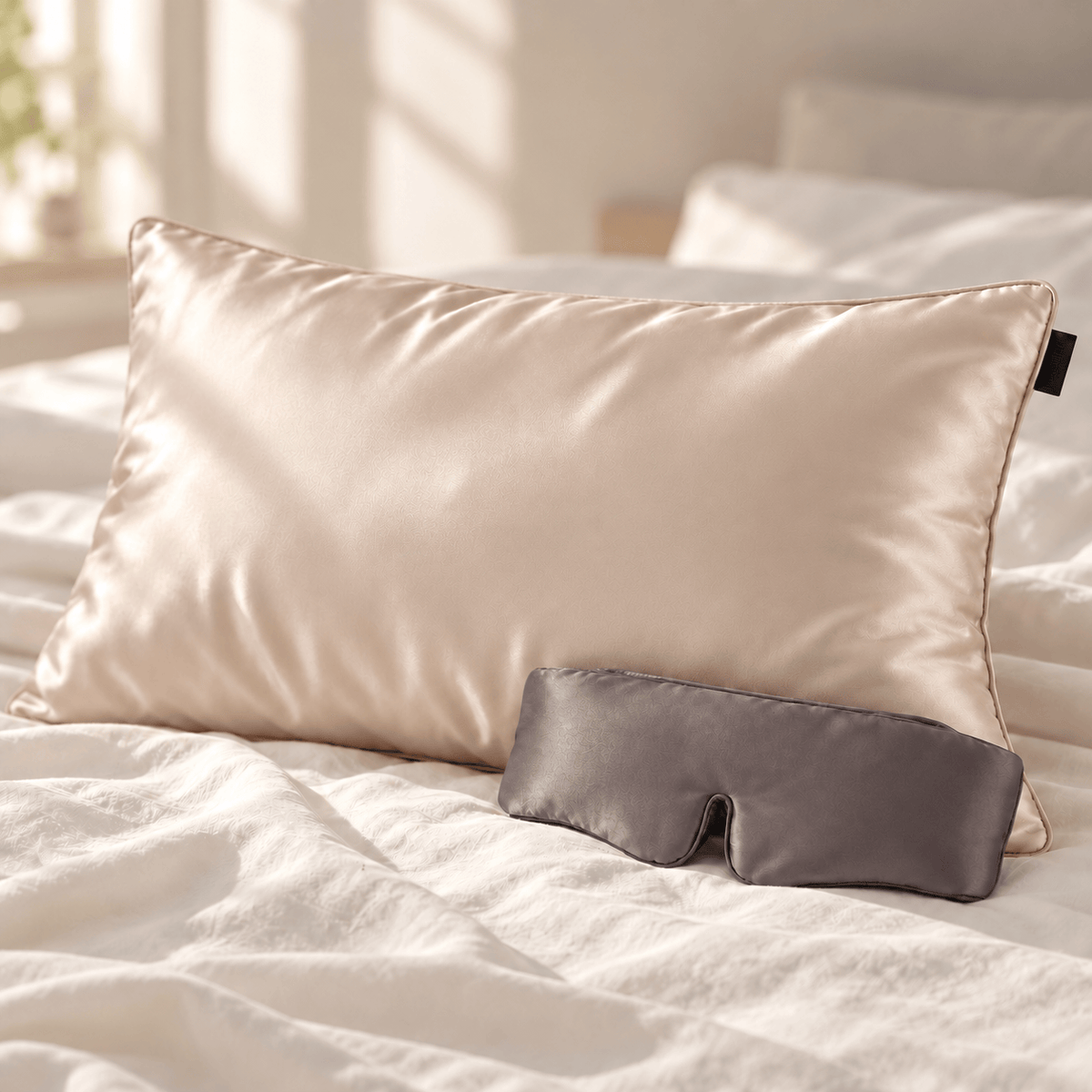 Champagne pillowcase + gunmetal eye mask. Pillow insert not included.