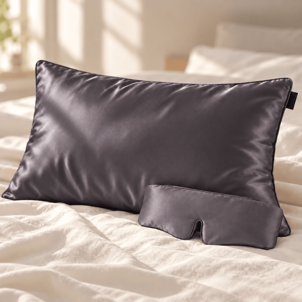 Gunmetal pillowcase + gunmetal eye mask. Pillow insert not included.