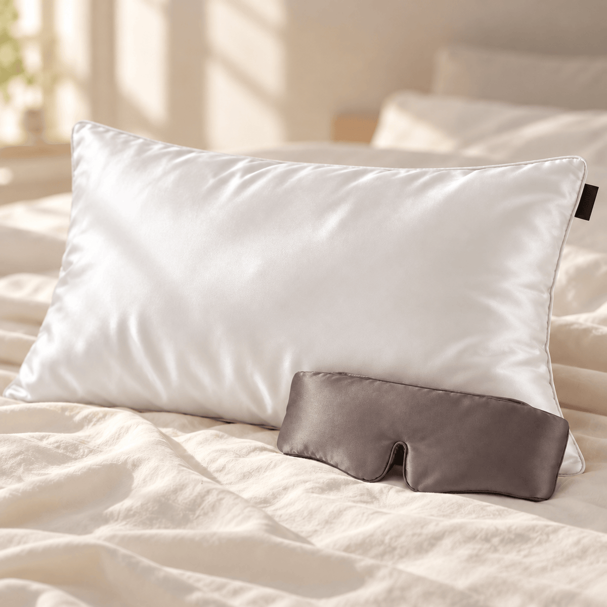 White pillowcase + gunmetal eye mask. Pillow insert not included.