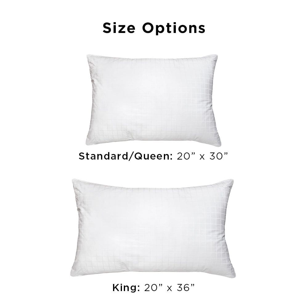 2 pillows showing a standard/queen size and a king size