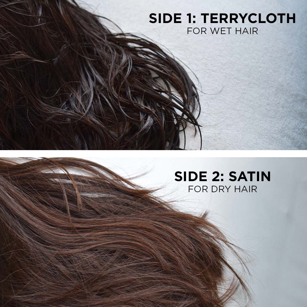 Dual image showing wet hair on terrycloth and dry hair on satin to highlight the dual-sided properties of the Wet/Dry Pillowcase
