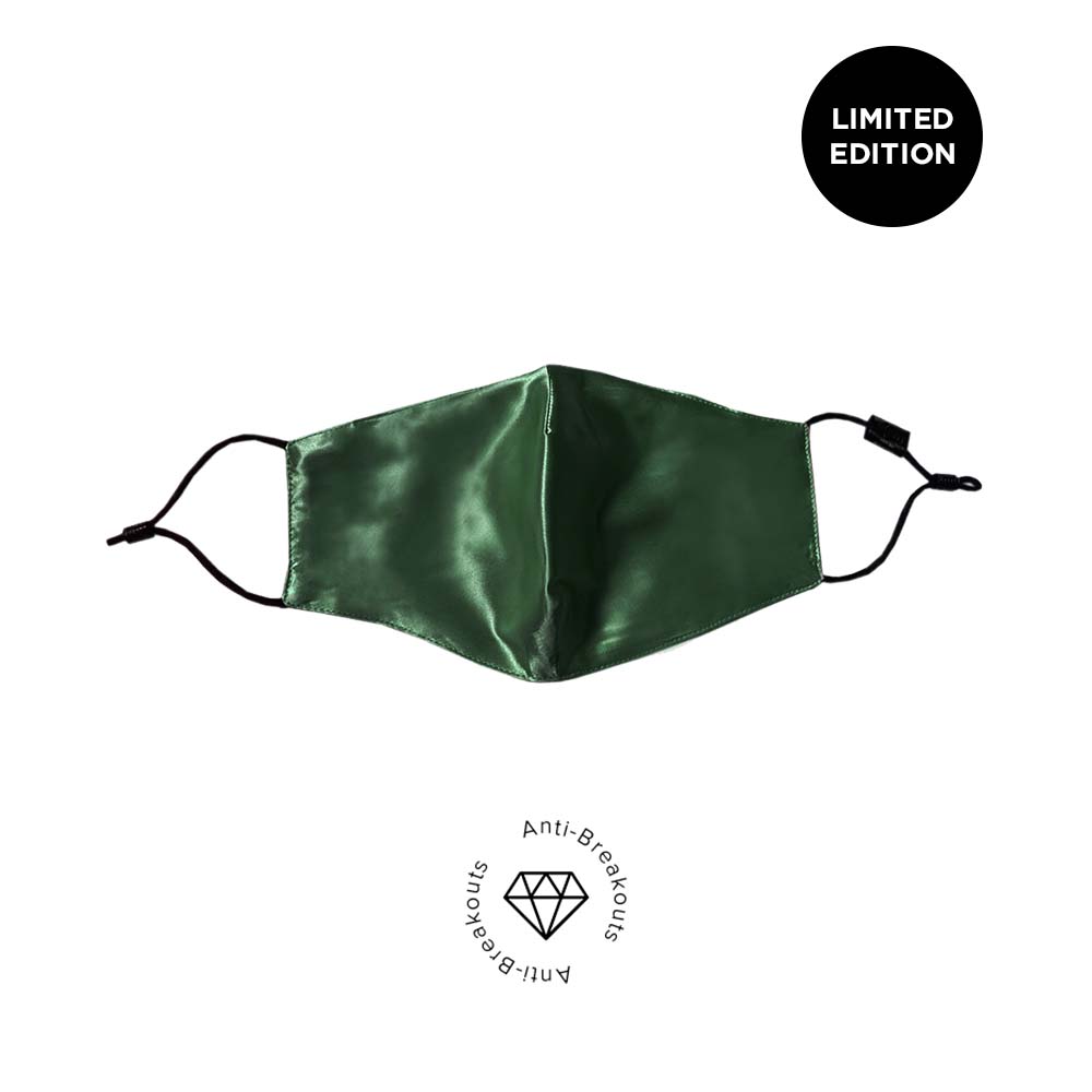 Emerald silk face mask with limited edition sticker and anti-breakouts sticker